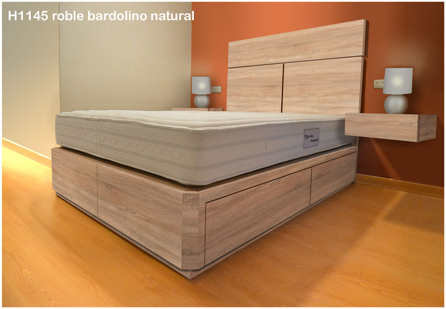 conjunto de cama de madera con cajones cabecero y mesitas suspendidas to en color roble bardolino natura h1145