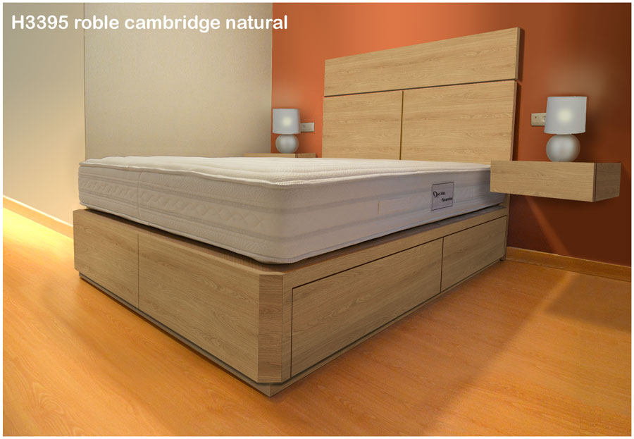 cama de madera con cajones y cabecero en color roble Cambridghe natura h3395